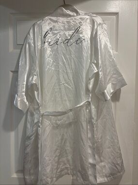Satin Bride Robe - White Bridal Kimono with Script Back